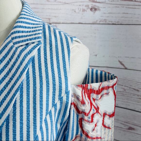 Alberto Makali open shoulder seersucker stripe blue white blazer - Picture 7 of 13